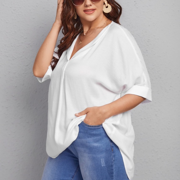 boho White V neck Cuff Short Sleeve oversized Blouse - Picture 7 of 7
